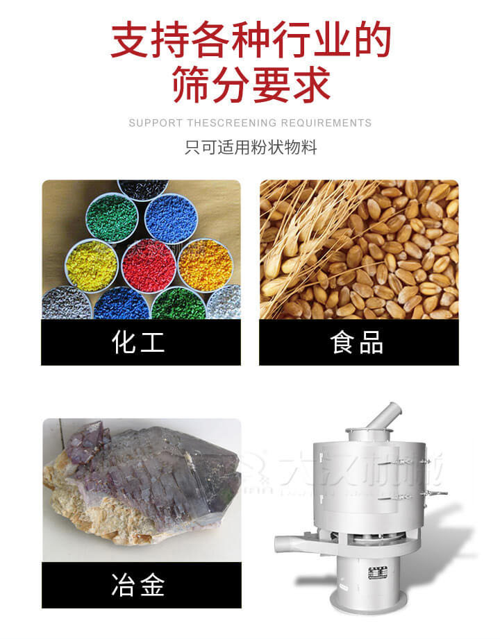 氣流篩用于礦粉，石墨粉，活性納米碳酸鈣，鋁灰，大豆粉，碳酸重鈣，石墨粉，木粉，干草，重金石粉，藥粉末，橡膠顆粒，草酸鹽，干料粉，木粉，聚酯粉，干粉，塑料，金屬粉末，橡膠粉，粉煤灰，石墨粉，陶瓷粉，鋅粉，石英粉，石灰粉，鐵粉，金屬硅粉等。