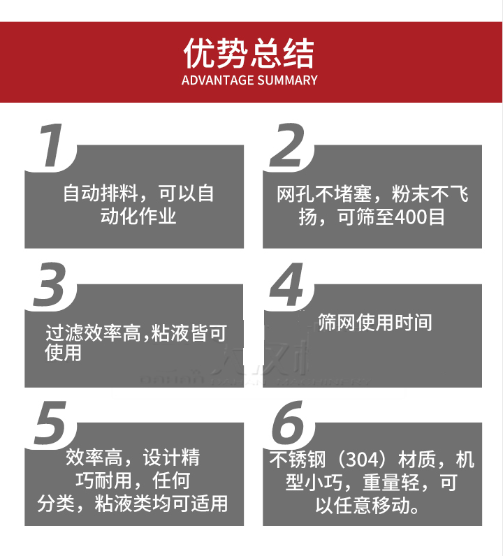 過濾篩優(yōu)勢總結(jié)：1，自動(dòng)排料，可以自動(dòng)化作用。2，網(wǎng)孔不堵塞，粉塵不飛揚(yáng)，可篩至400目。3，過濾效率高，任何粒，粉，粘液也可使用。4，篩網(wǎng)設(shè)計(jì)大大提高了篩網(wǎng)使用時(shí)間，也魏換網(wǎng)提高了方便。5，效率高，設(shè)計(jì)精巧耐用，任何分類設(shè)計(jì)精巧耐用，任何分類，粘液類均可適用。6，不銹鋼材質(zhì)機(jī)型小巧，重量輕，可以任意移動(dòng)。