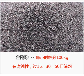 篩分金剛砂每小時(shí)100kg，有腐蝕性，過(guò)16、30、50目篩網(wǎng)