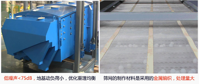 方形搖擺篩采用低噪聲<75dB，地基動負(fù)荷小，優(yōu)化重理均衡；篩網(wǎng)的制作材料是采用的金屬編織，處理量大。