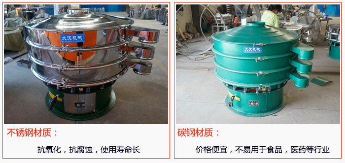 800型振動(dòng)篩有不銹鋼和碳鋼兩種材質(zhì)，不銹鋼材質(zhì)：抗氧化，抗腐蝕，使用壽命長(zhǎng) 碳鋼材質(zhì)：價(jià)格便宜，不易篩分食品，化工，醫(yī)藥等行業(yè)的物料。