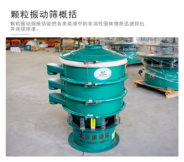 顆粒式振動篩是針對顆粒狀物料進行研發(fā)的，由于顆粒的形狀有很多的不同所以，廠家在清網(wǎng)裝置方面進行提升效率。