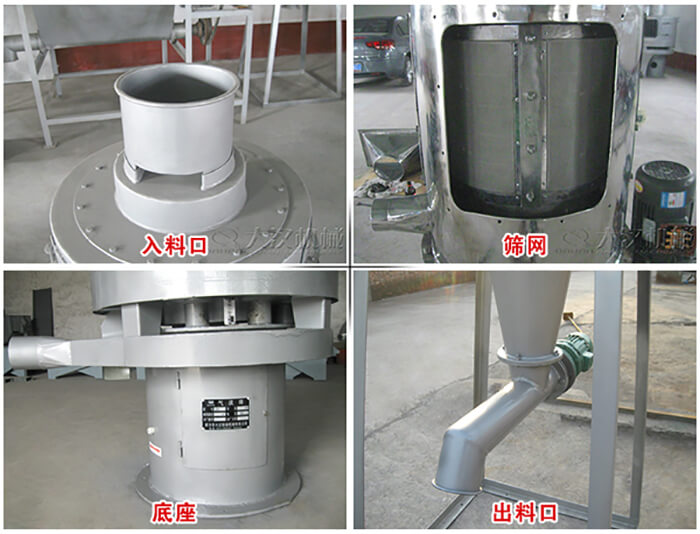 氣流篩部件展示：入料口，篩網(wǎng)，底座，出料口等。