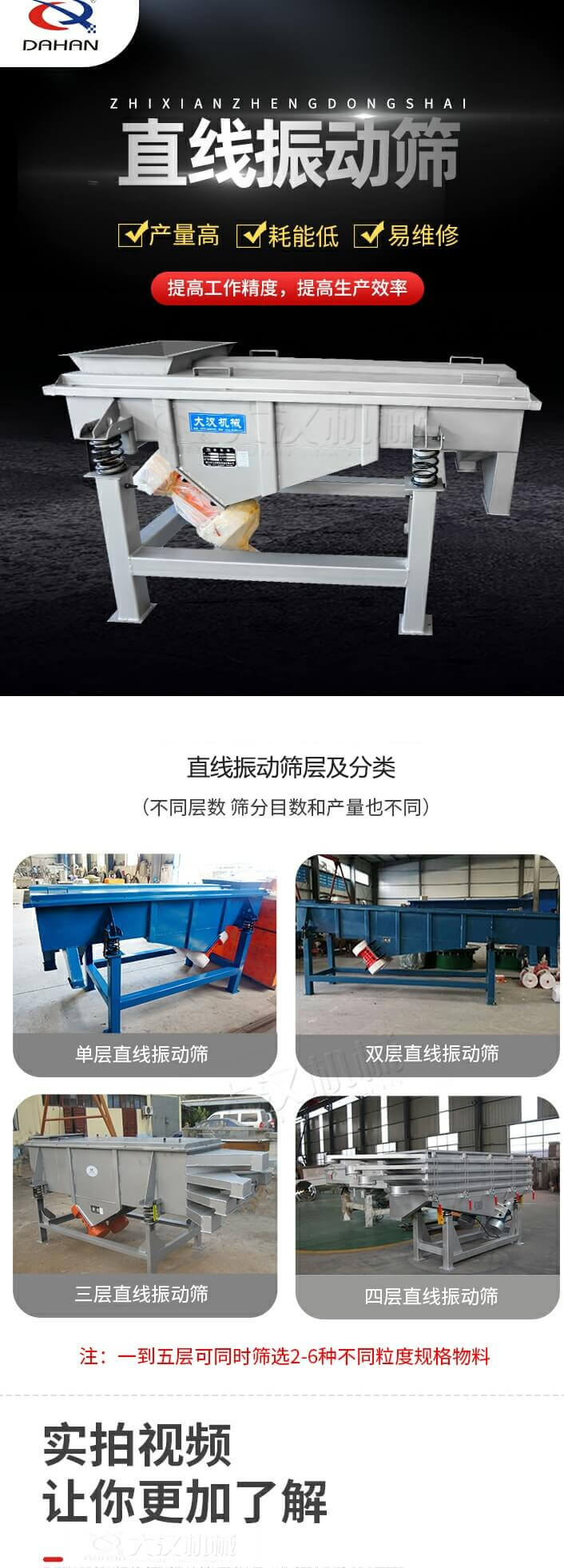直線振動篩概述，產(chǎn)量高，耗能低，易維修，提高工作精度，提高生產(chǎn)效率，直線振動篩層級分類：不同層數(shù)，篩分目數(shù)和產(chǎn)量也不同：單層，雙層，三層，四層等。