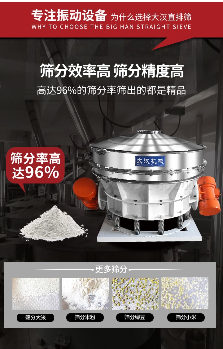 直排篩適用物料有面粉，淀粉，洗衣粉，金屬粉，添加劑，化工，非礦等行業(yè)。