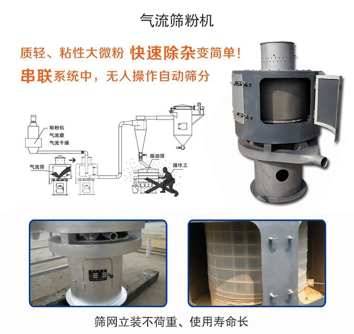 氣流篩粉機適用：質(zhì)輕，粘性大微粉采用串聯(lián)系統(tǒng)重，無人操作自動篩分 特點：篩網(wǎng)立裝不負重，使用壽命長。