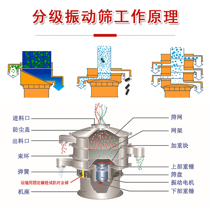 分級振動篩內(nèi)部結(jié)構(gòu)：進(jìn)料口，防塵蓋，出料口，束環(huán)，彈簧，機座，篩網(wǎng)，網(wǎng)架，上部重錘，振動電機，下部重錘。