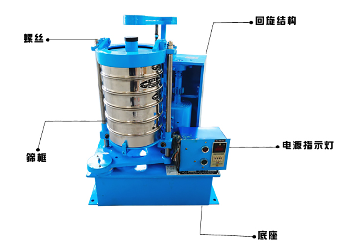 拍擊式標準振篩機的作用原理：主要振動部件；回旋結(jié)構，篩框底座，電源指示燈。