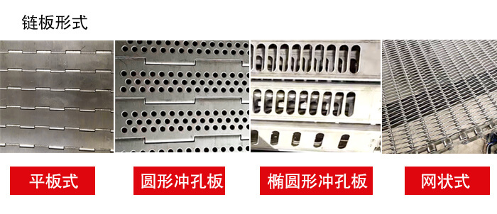 鏈板輸送機(jī)鏈板的不同形式：平板式，圓形沖孔板，網(wǎng)狀式等
