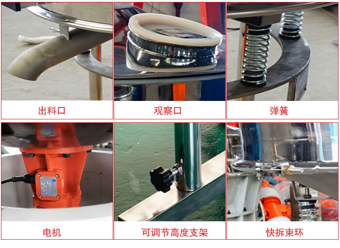 高頻篩細(xì)節(jié)展示：出料口，觀察口，彈簧，電機(jī)，可調(diào)節(jié)高度支架，快拆束環(huán)。